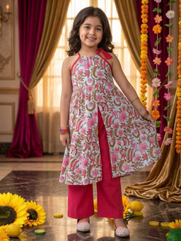 Kinder Kids - Girls Blue Cotton Sleeveless Floral Printed Kurta & Pant