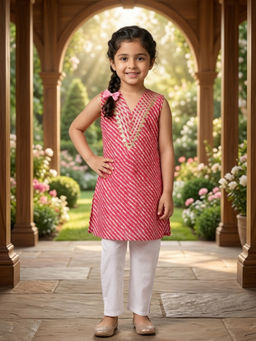 Kinder Kids - Girls Pink Cotton Sleeveless Lace Leheriya Printed Kurta & Pant