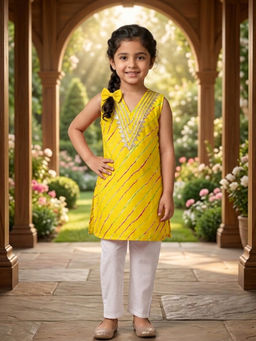Kinder Kids - Girls Yellow Cotton Sleeveless Lace Leheriya Printed Kurta & Pant