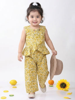 Kinder Kids - Girls Yellow Cotton Sleeveless Floral Printed Co-Ord Set