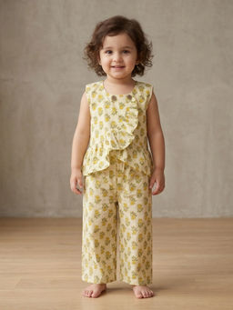 Kinder Kids - Girls Beige Cotton Sleeveless Floral Printed Co-Ord Set