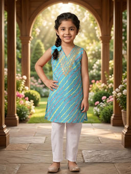 Kinder Kids - Girls Blue Cotton Sleeveless Lace Leheriya Printed Kurta & Pant