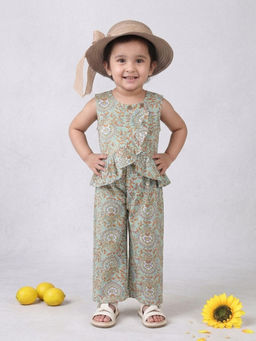 Kinder Kids - Girls Green Cotton Sleeveless Floral Printed Co-Ord Set