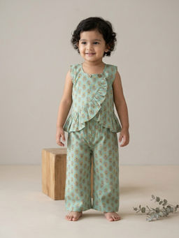 Kinder Kids - Girls Green Cotton Sleeveless Floral Printed Co-Ord Set