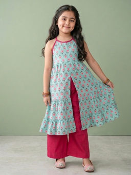 Kinder Kids - Girls Green Cotton Sleeveless Floral Printed Kurta & Pant
