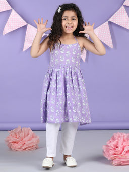 Kinder Kids - Girls Purple Cotton Sleeveless Floral Printed Kurta & Pant