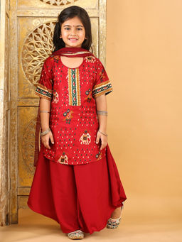 Kinder Kids - Girls Red Cotton Half Sleeves Patola Printed Kurta & Palazzo with Dupatta