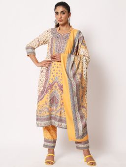 Zamour - Acro Wool Kalamkari Unstitched Dress Material-Yellow (Set of 3)