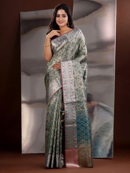 CHARUKRITI - Beige Silk Blend Floral Handwoven Saree with Unstitched Blouse