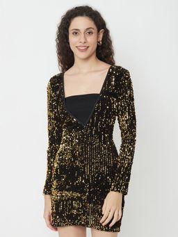 IKI CHIC - Gold Sequin Plunge Long Sleeve Bodycon Mini Dress