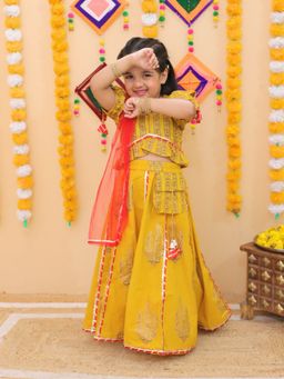 VASTRARTH - Girls Cotton Yellow and Red Printed Lehenga (Set of 3)