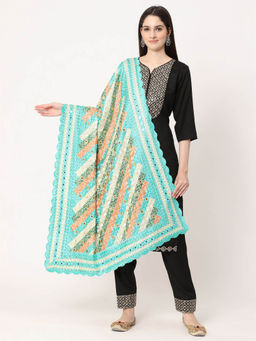 Moda Chales - Green Embroidery Phulkari Dupatta with Golden Mirror Work and Mirror