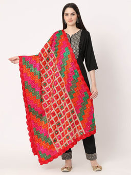Moda Chales - Red Check Design Embroidery Phulkari Dupatta