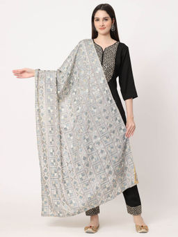 Moda Chales - Grey and Off White Embroidery Phulkari Dupatta