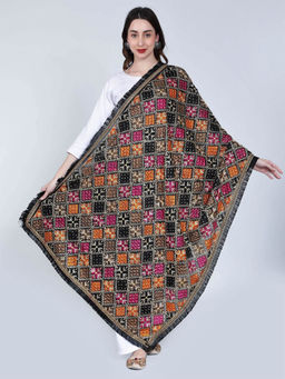 Moda Chales - Phulkari Dupatta-Black Orange Magenta with Mirror Work