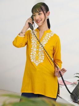 Libas - Yellow Cotton Three Fourth Sleeves Kurti