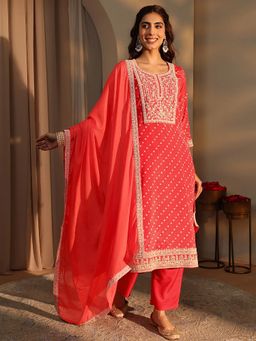 Libas - Coral Chinon Three Fourth Sleeves Kurta With Pant & Dupatta