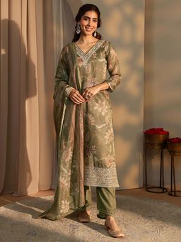 Libas - Olive Silk Blend Three Fourth Sleeves Kurta With Pant & Dupatta