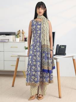 Gerua By Libas - Blue Printed Cotton Blend Anarkali Suit Set With Dupatta