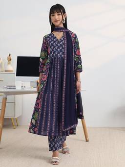 Gerua By Libas - Blue Cotton Blend Three Fourth Sleeves Anarkali Kurta With Pant & Dupatta