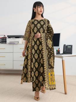 Gerua By Libas - Olive Cotton Blend Three Fourth Sleeves Anarkali Kurta With Pant & Dupatta