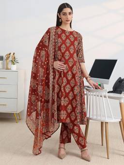 Gerua By Libas - Rust Cotton Blend Three Fourth Sleeves Anarkali Kurta With Pant & Dupatta