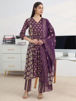 Gerua By Libas - Purple Cotton Blend Three Fourth Sleeves Anarkali Kurta With Pant & Dupatta