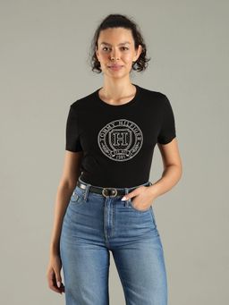 Tommy Hilfiger - Black Embroidered Logo Regular Fit Cotton T-Shirt