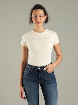 Tommy Hilfiger - Off White Logo Slim Fit Cotton T-Shirt