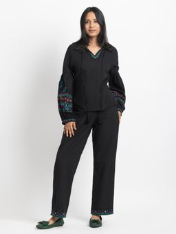SHAYE - Black Embroidered Cotton Casual Co-Ord Set For Women