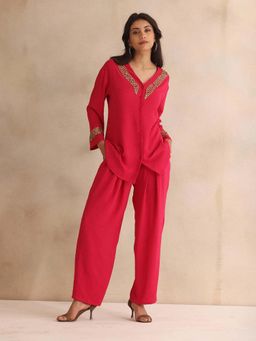 SHAYE - Fuchsia V-Neck Embroidered Party Co-Ord Set For Women