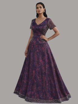 SHAYE - Purple V-Neck Printed Party Skirt Set For Women