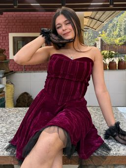 Tandul - Women Elegant Wine Color Velvet Skirt Set