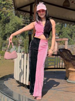 Tandul - Women Pink and Black Velvet Co-Ord Set