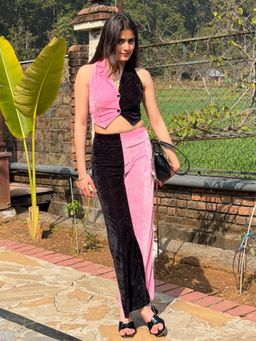 Tandul - Women Pink and Black Velvet Co-Ord Set