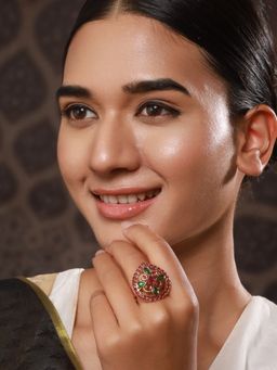 Aatmana - Gold-Plated Green and Maroon Stone-Studded Adjustable Temple Finger Ring