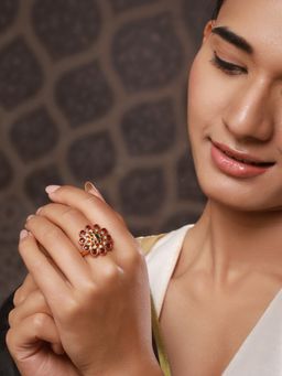 Aatmana - Gold-Plated Maroon and Green Stone-Studded Floral Shaped Adjustable Finger Ring
