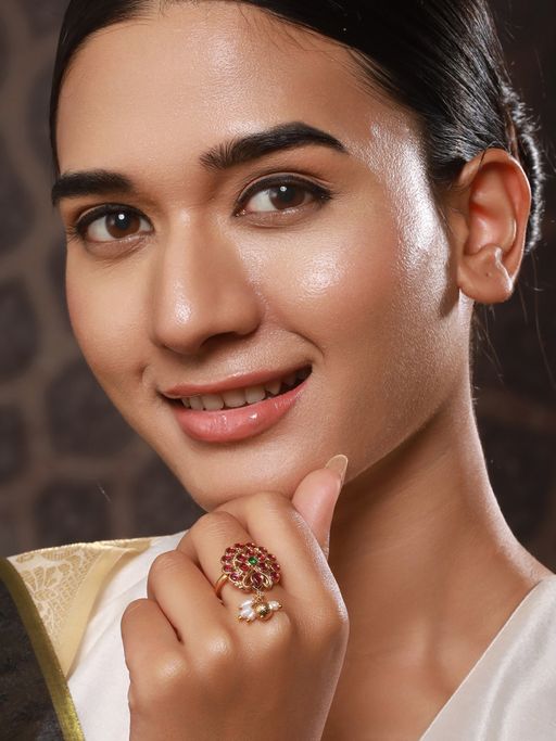 Aatmana Gold-Plated Multicolor Stone-Studded and Beaded Adjustable Finger Ring