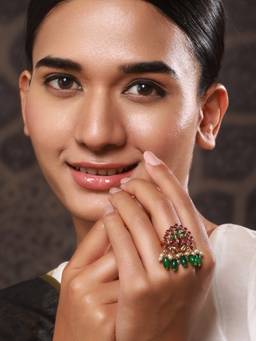 Aatmana - Gold-Plated Green and Maroon Stone-Studded and Beaded Adjustable Temple Finger Ring
