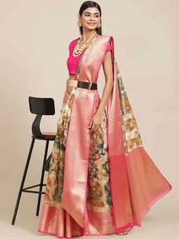 Silk Land - Digital Printed Silk Saree with Unstiched Blouse Piece Beige & Pink with Unstitched