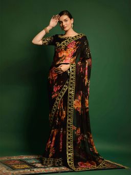 Odette - Exceptional Black Printed Georgette Saree with Unstitched Blouse