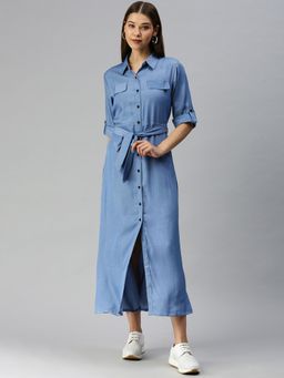 SHOWOFF - Women Solid Blue Shirt Dress