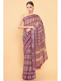 Soch - Women Purple Chanderi Printed Saree with Unstitched Blouse