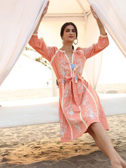BOHO-CHIC By Sukriti Jain - Coral Mughal Inspired Embroidered Midi Dress