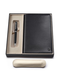 Lapis Bard - Contemporary Dark Black Ball Pen and Mayfair Leather Notebook Jacket Gift Set