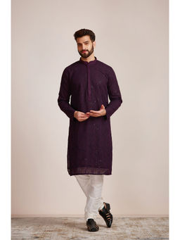 Manyavar - Purple Georgette Embroidery Kurta Pyjama Set (Set of 2)