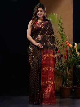 CHARUKRITI - Black & Red Handwoven Saree with Zari Woven Designs & Patterns with Unstitched