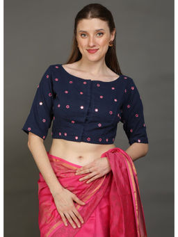 Palash - Navy Blue Hand Embroidered Mirror Work Cotton Slub Blouse