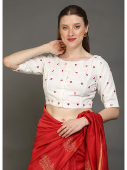 Palash - White Hand Embroidered Mirror Work Cotton Slub Blouse