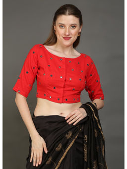 Palash - Red Hand Embroidered Mirror Work Cotton Slub Blouse